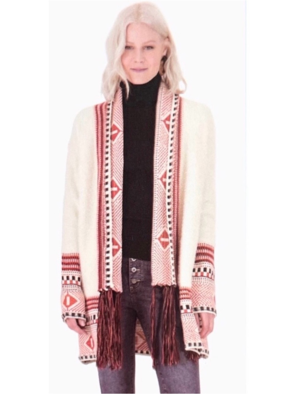 Max Sport Fringed Open-Front Cardigan Sweater - Cream & Red Pattern Boho M